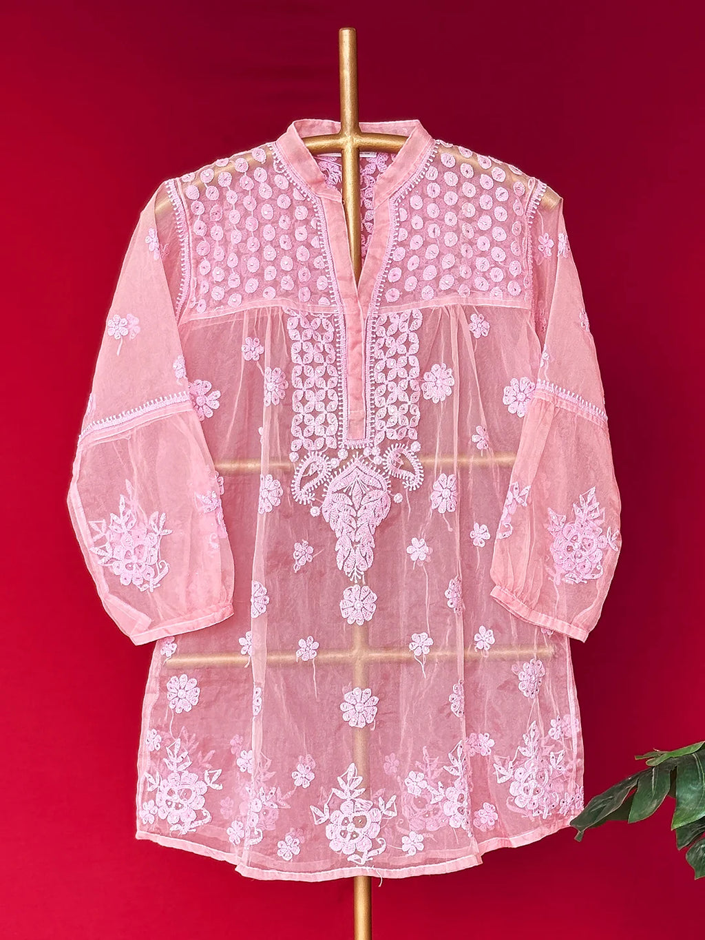Pink Aashna Organza Chikankari Short Kurta