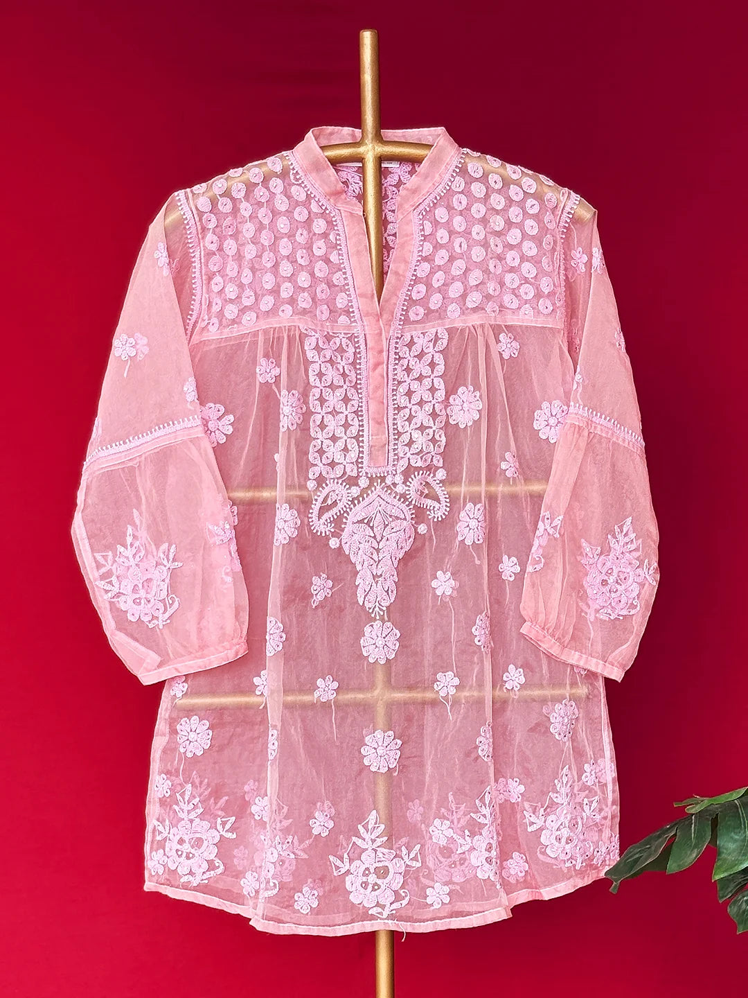 Pink Aashna Organza Chikankari Short Kurta