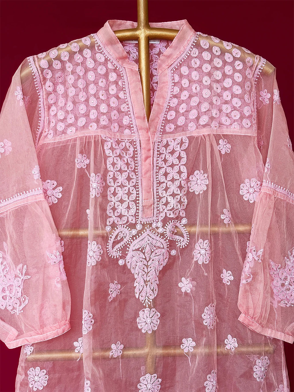 Pink Aashna Organza Chikankari Short Kurta