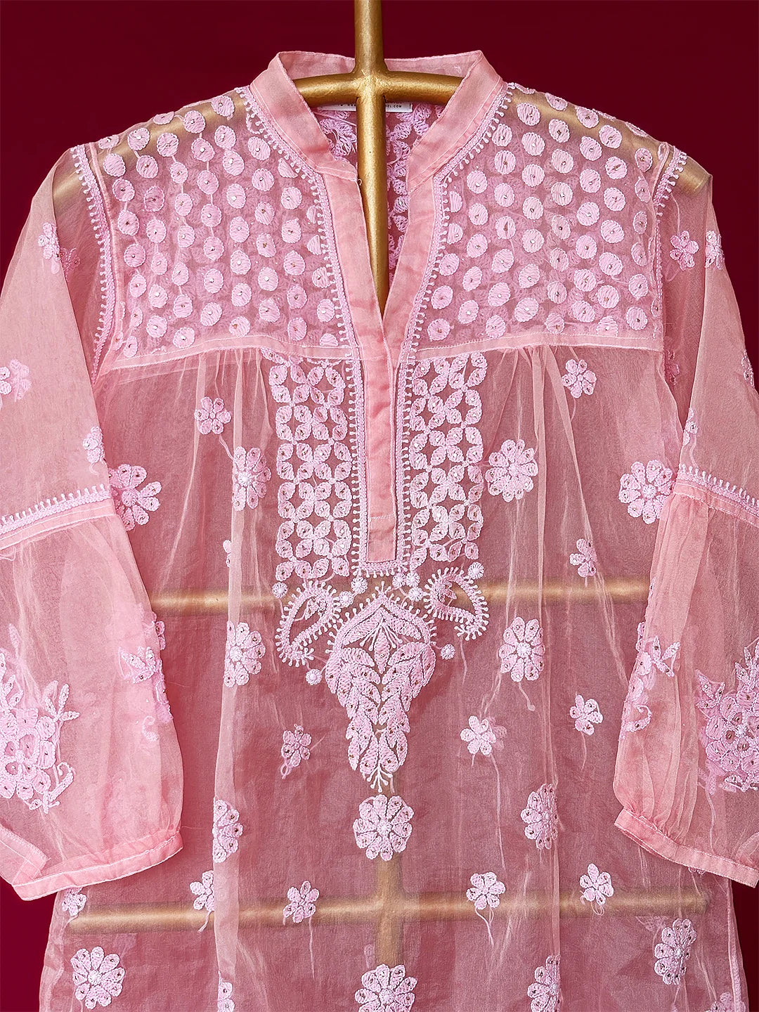 Pink Aashna Organza Chikankari Short Kurta