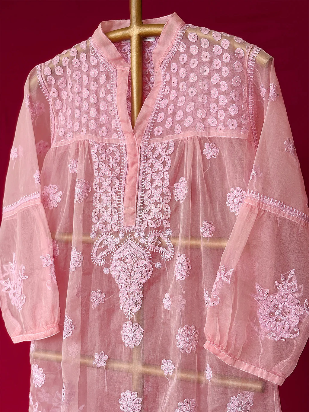 Pink Aashna Organza Chikankari Short Kurta
