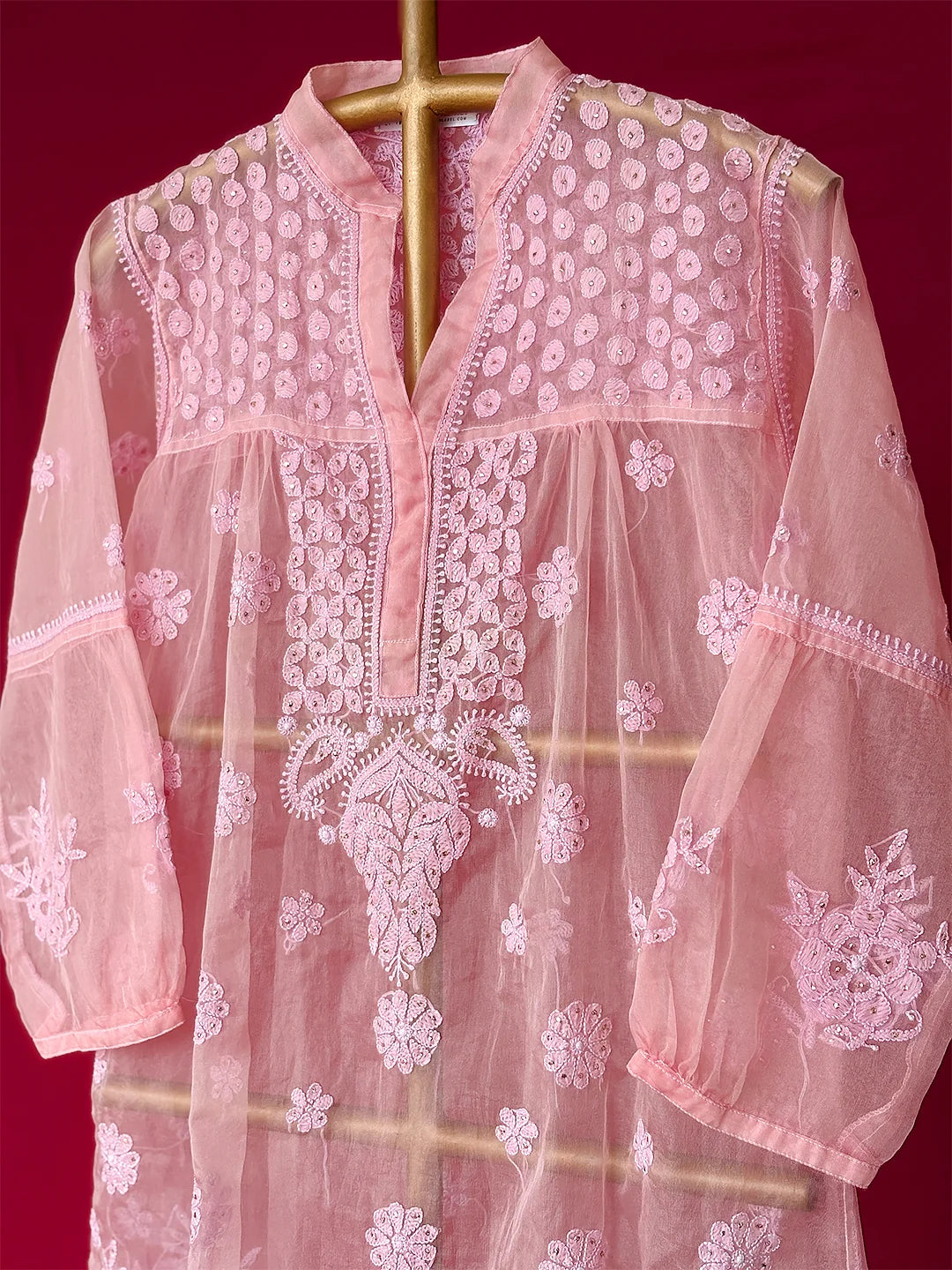 Pink Aashna Organza Chikankari Short Kurta