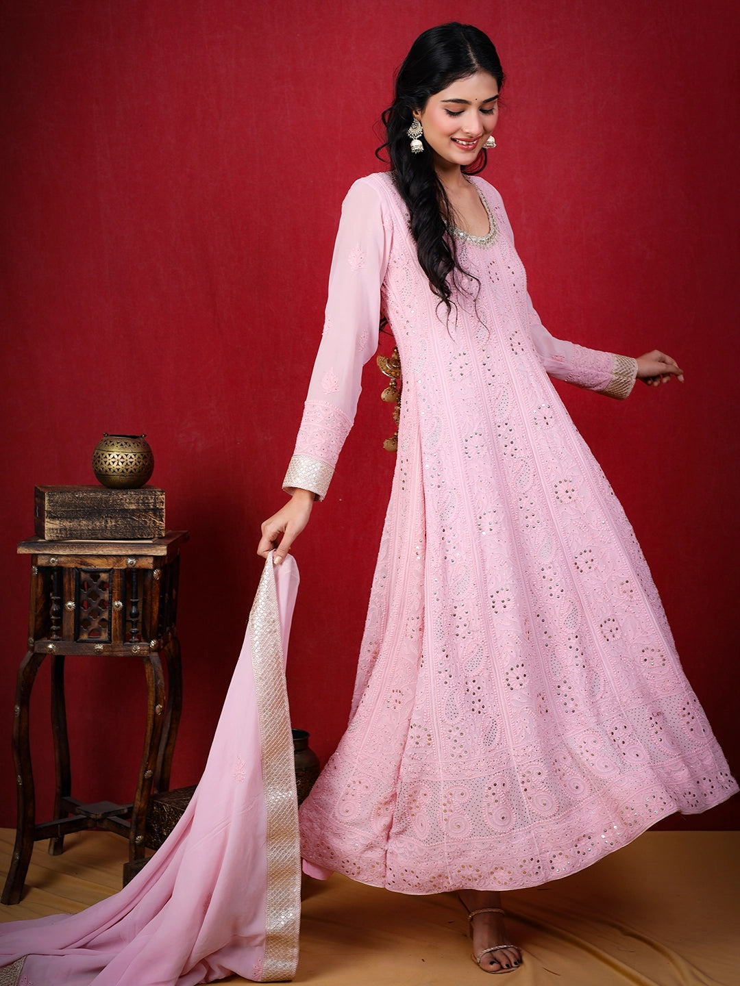 Shraddha Kapoor Pink Viscose Chikankari Anarkali with Dupatta