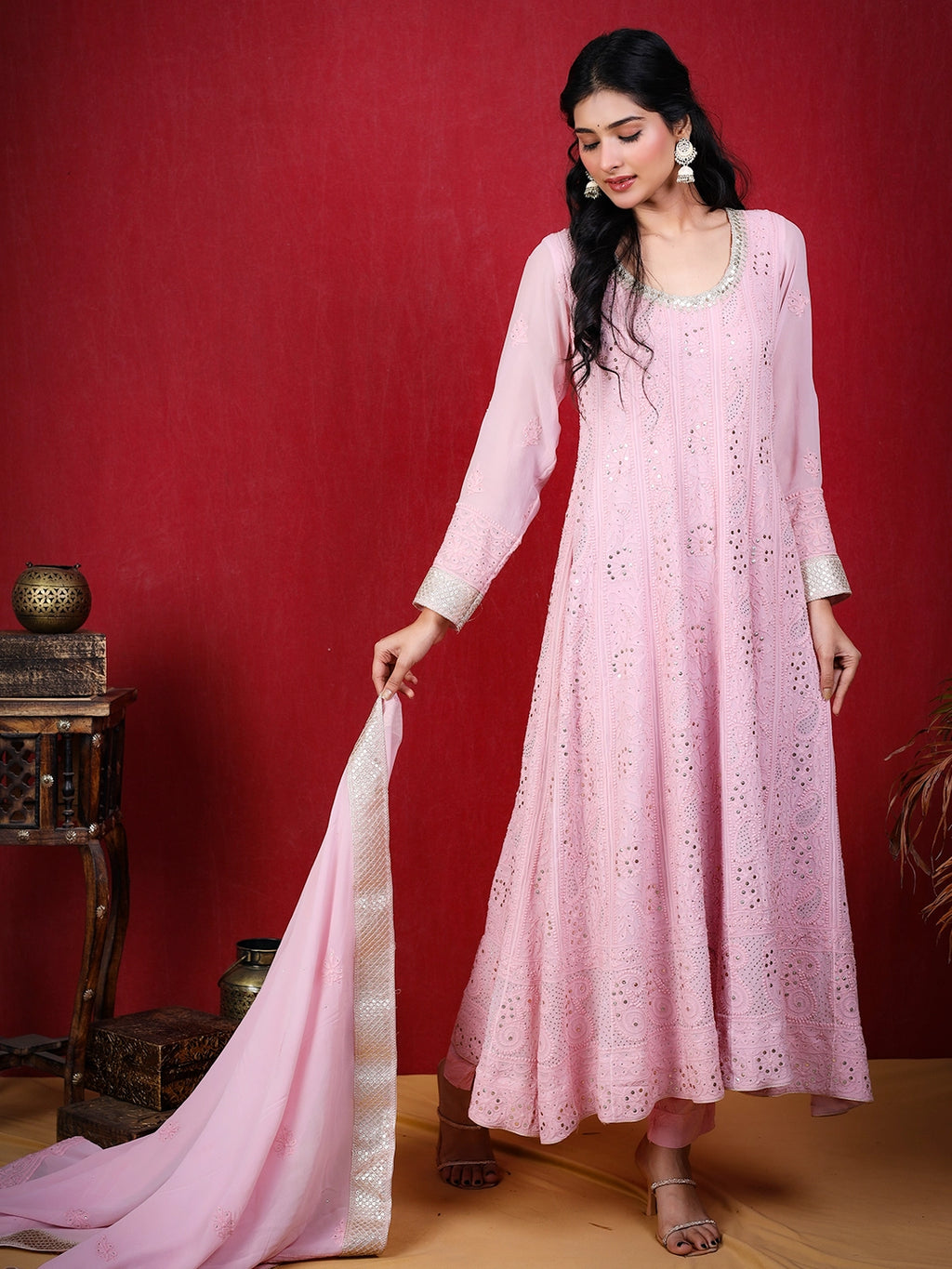 Shraddha Kapoor Pink Viscose Chikankari Anarkali with Dupatta