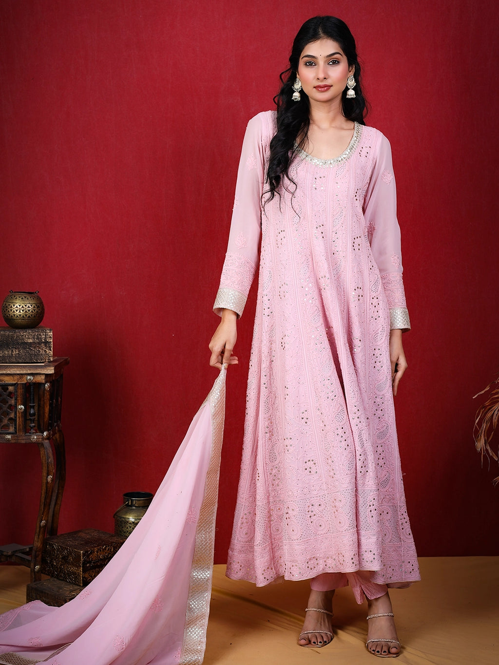 Shraddha Kapoor Pink Viscose Chikankari Anarkali with Dupatta