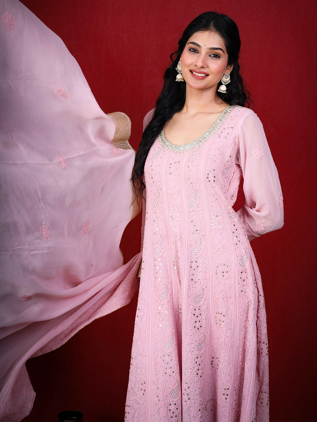 Shraddha Kapoor Pink Viscose Chikankari Anarkali with Dupatta