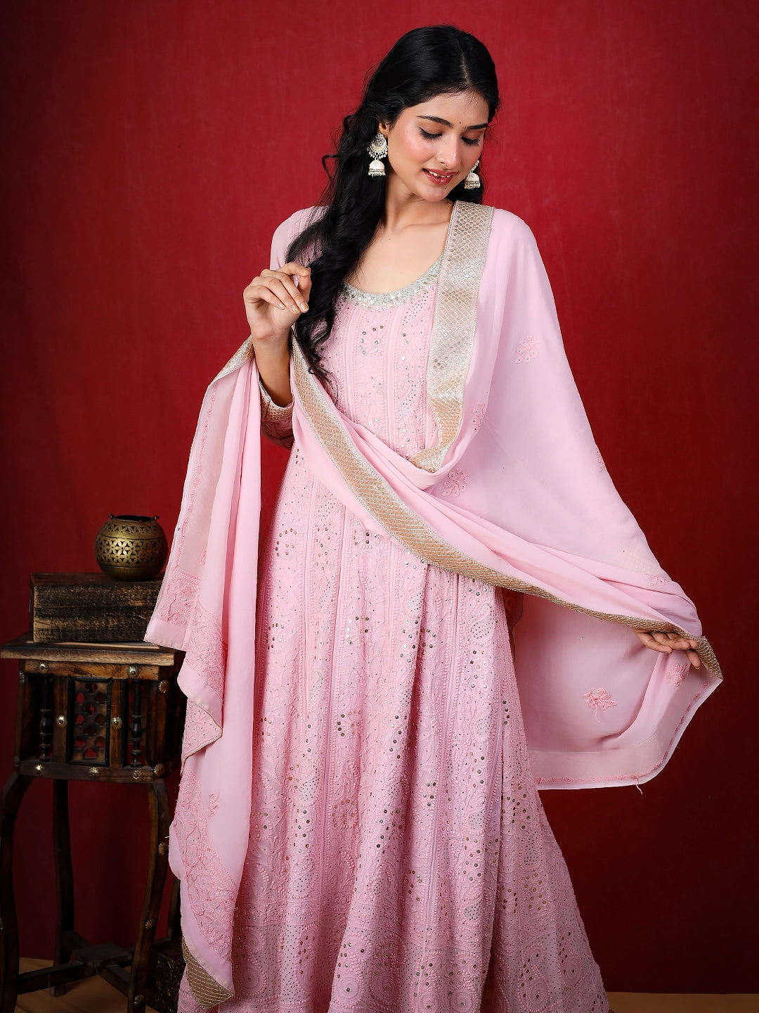 Shraddha Kapoor Pink Viscose Chikankari Anarkali with Dupatta