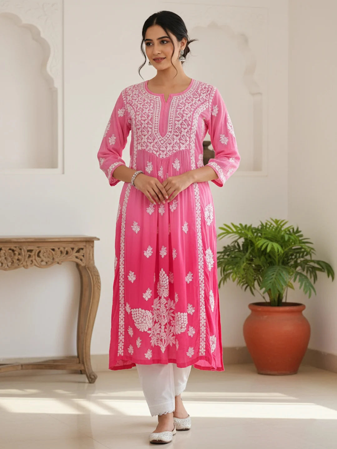 Pink Crepe Chikankari Straight Kurta