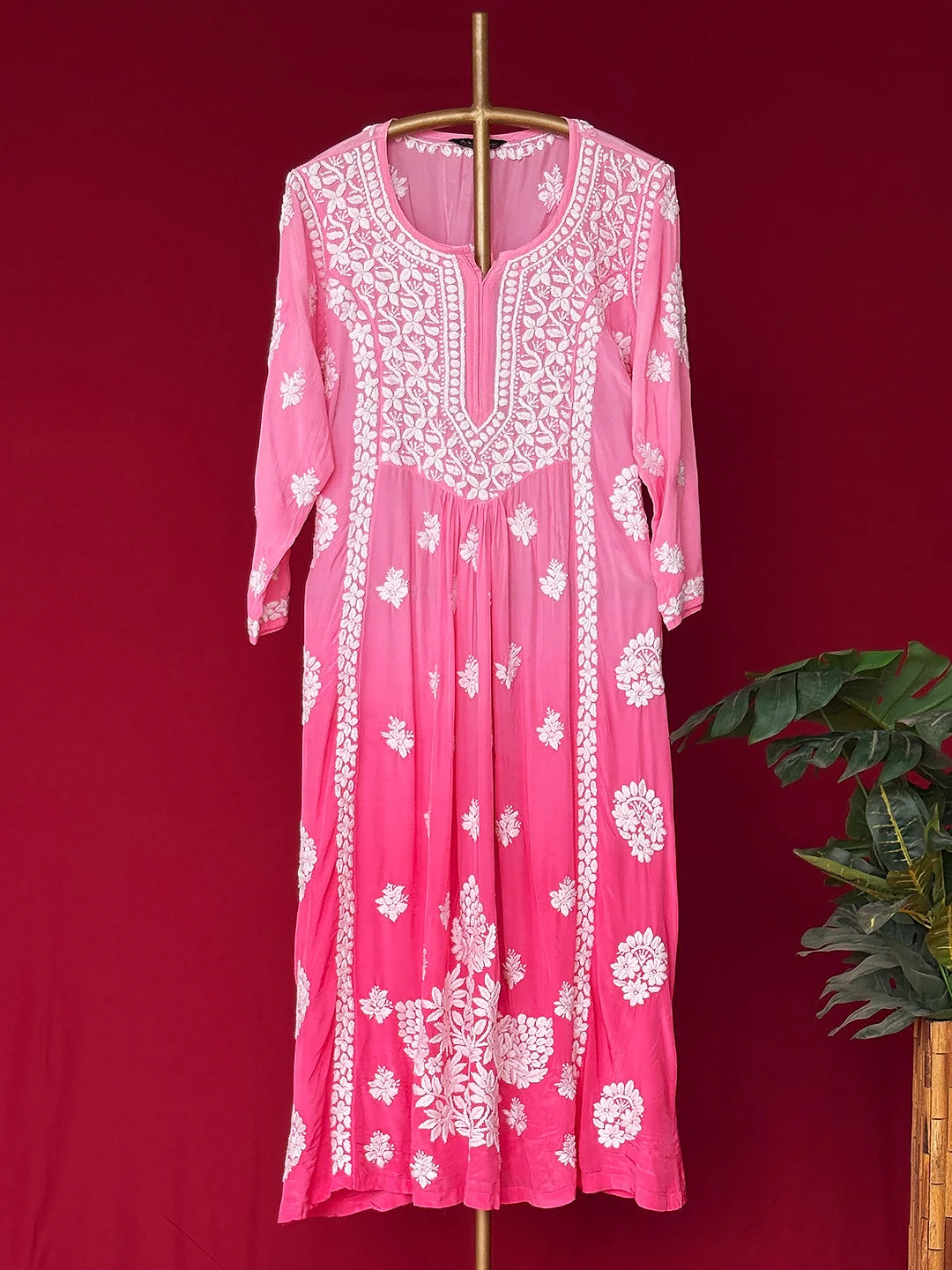Pink Crepe Chikankari Straight Kurta