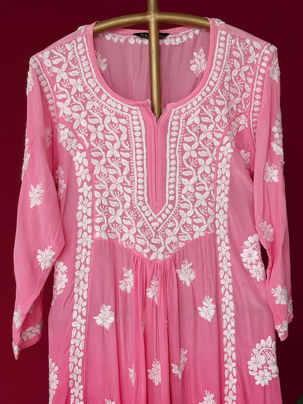Pink Crepe Chikankari Straight Kurta