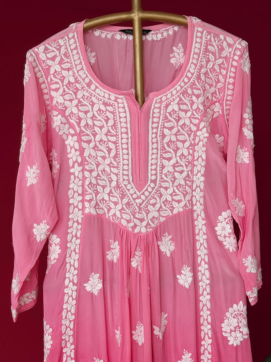 Pink Crepe Chikankari Straight Kurta