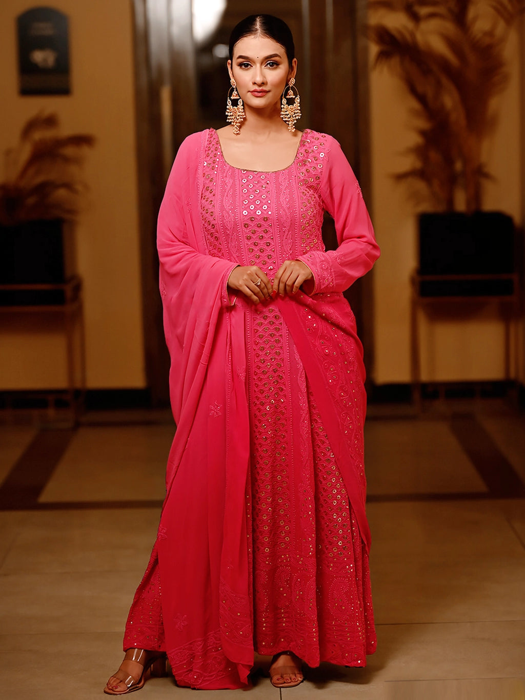 Pink Gulmohar Viscose Chikankari Anarkali with Dupatta