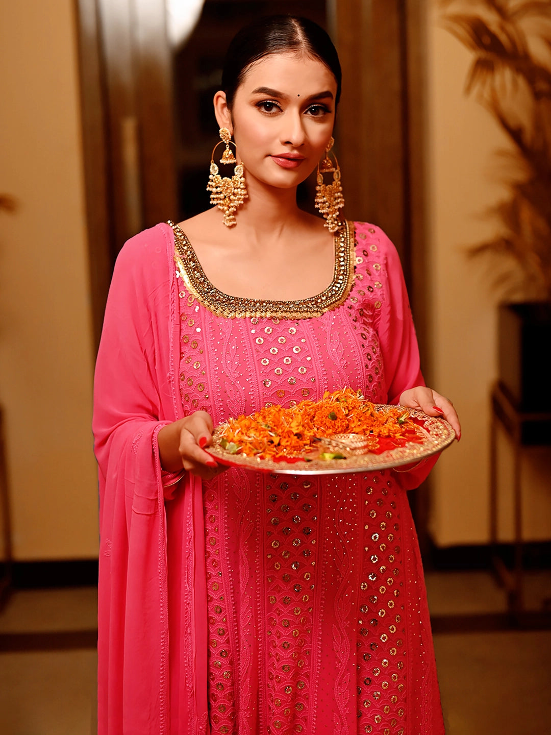 Pink Gulmohar Viscose Chikankari Anarkali with Dupatta