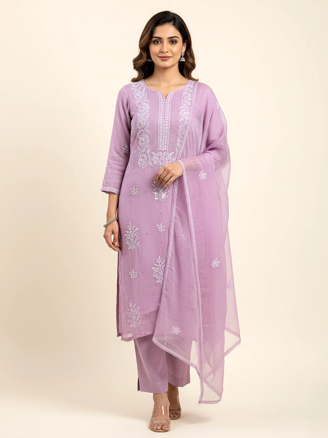 Mahnoor Organza Chikankari Kurta Set - Lilac