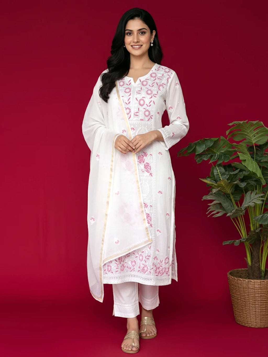 White Mul Chanderi Chikankari Straight Kurta With Dupatta