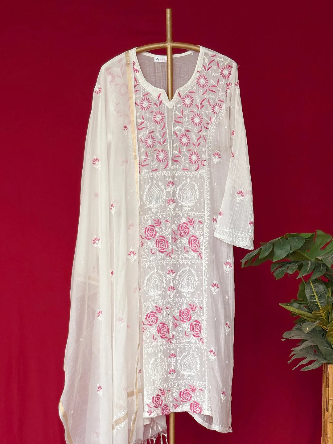 White Mul Chanderi Chikankari Straight Kurta With Dupatta
