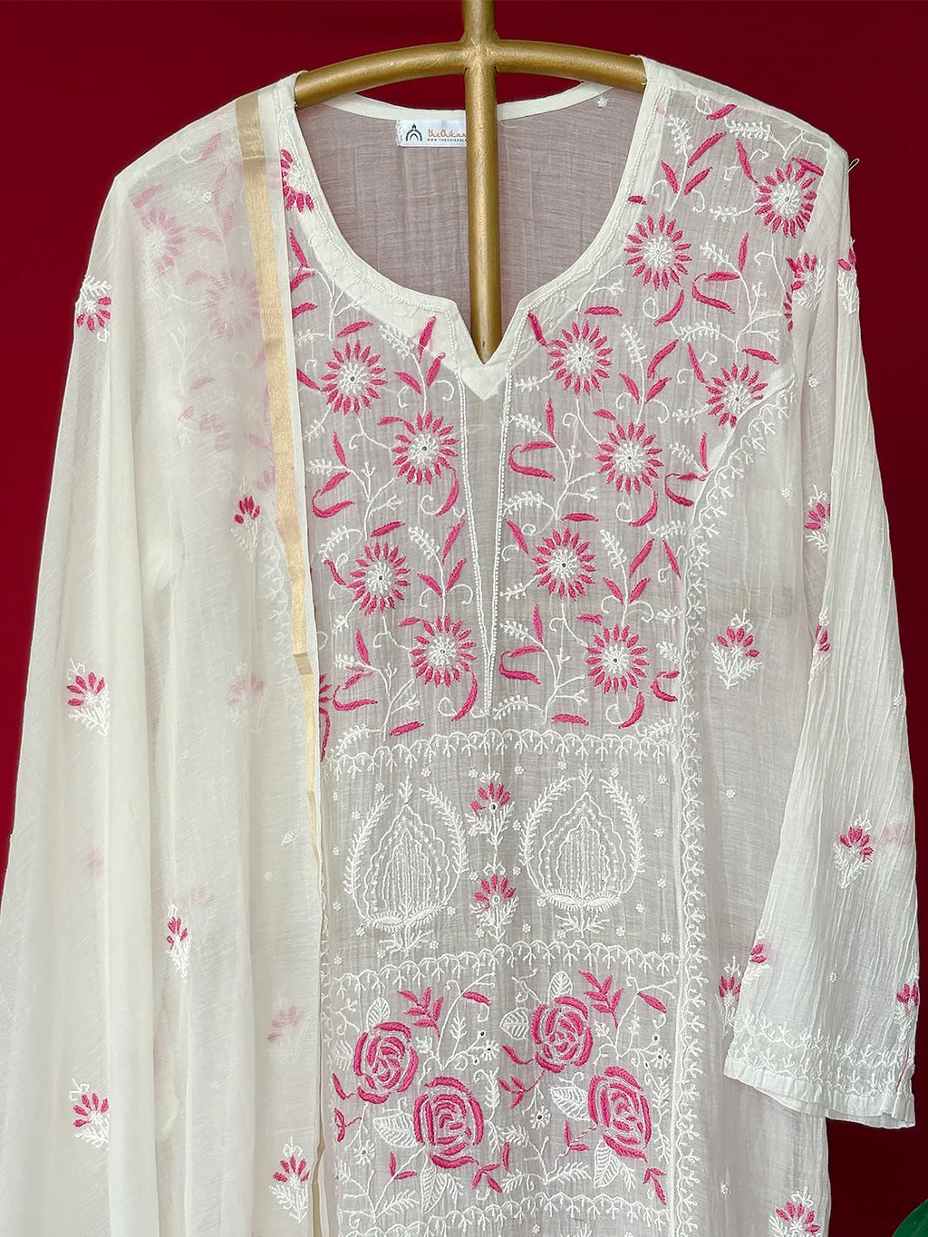 White Mul Chanderi Chikankari Straight Kurta With Dupatta
