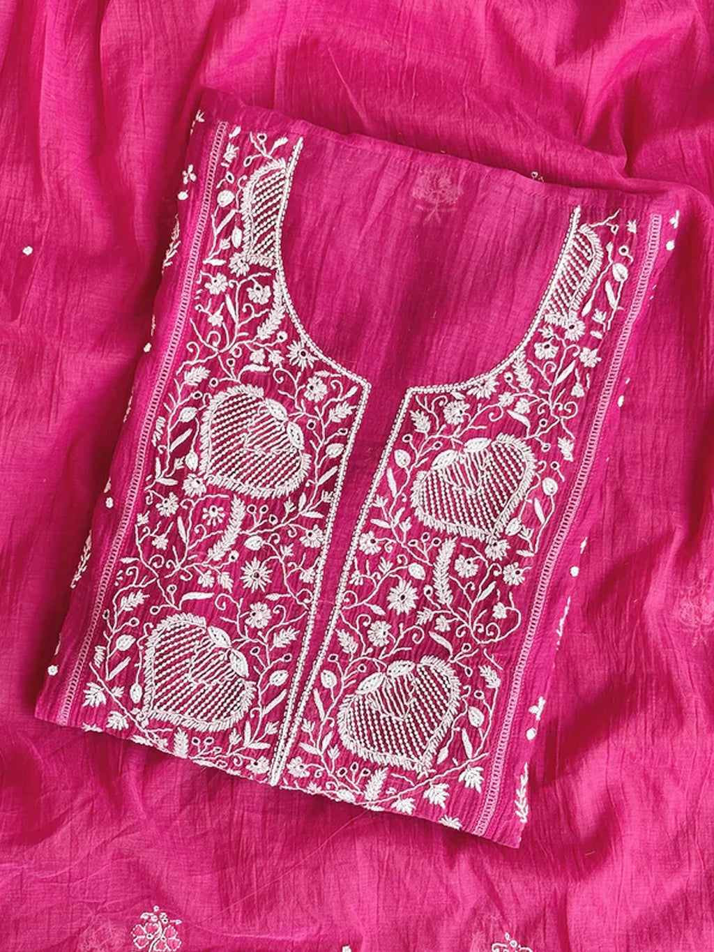 Hot Pink Mul Chanderi Chikankari Un-stitched Kurti Piece with Dupatta