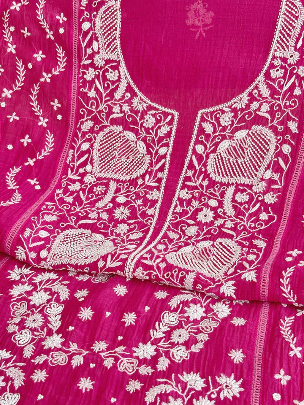 Hot Pink Mul Chanderi Chikankari Un-stitched Kurti Piece with Dupatta