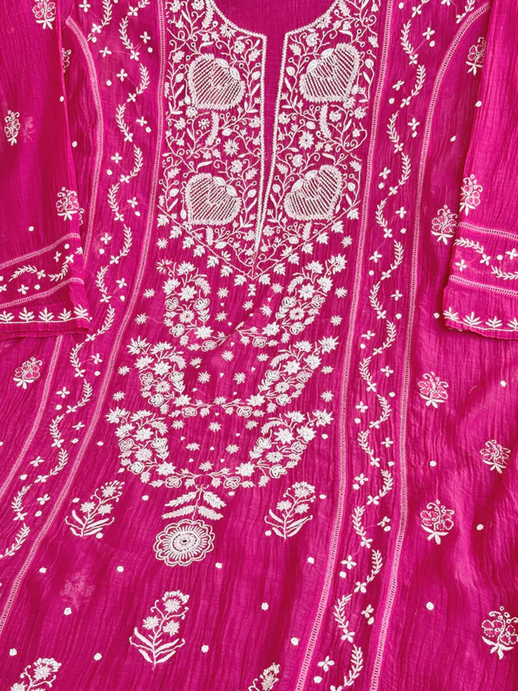 Hot Pink Mul Chanderi Chikankari Un-stitched Kurti Piece with Dupatta