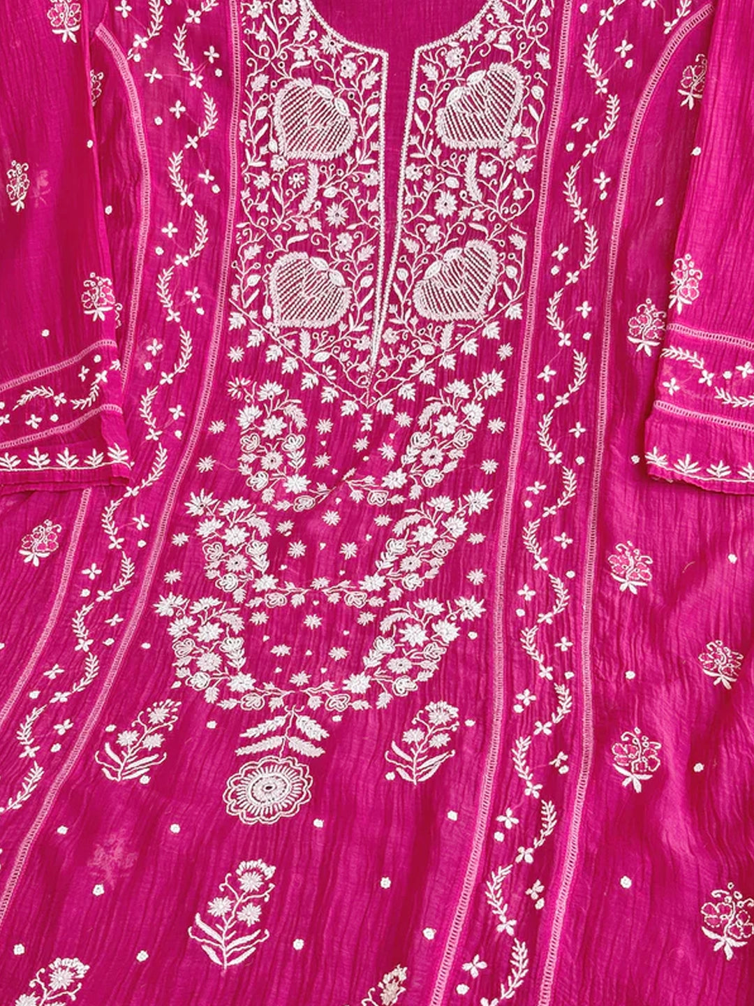 Hot Pink Mul Chanderi Chikankari Un-stitched Kurti Piece with Dupatta