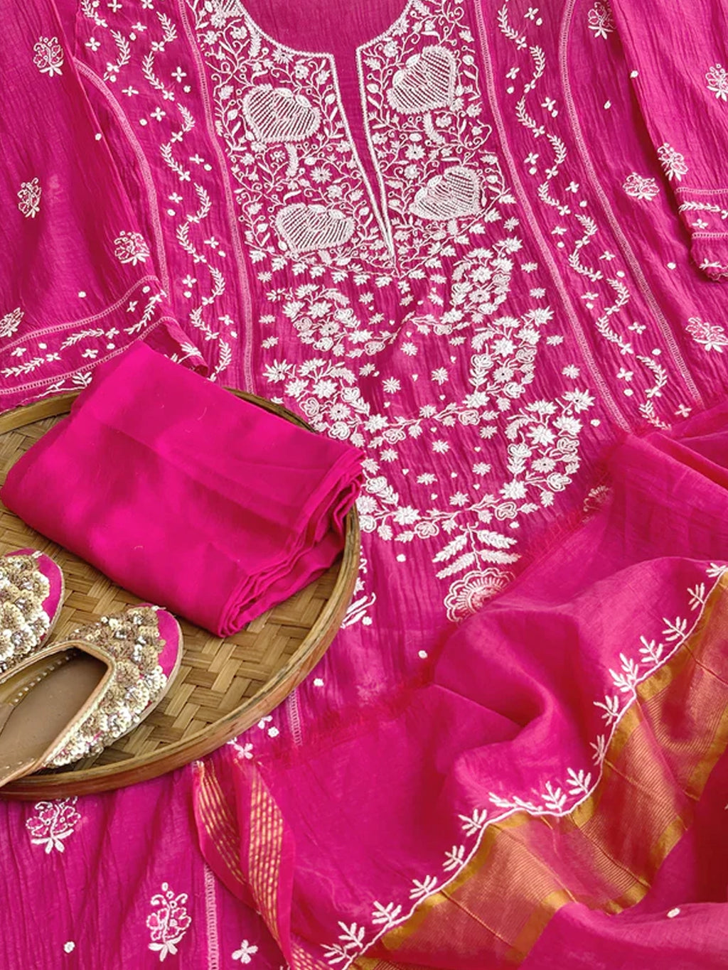 Hot Pink Mul Chanderi Chikankari Un-stitched Kurti Piece with Dupatta
