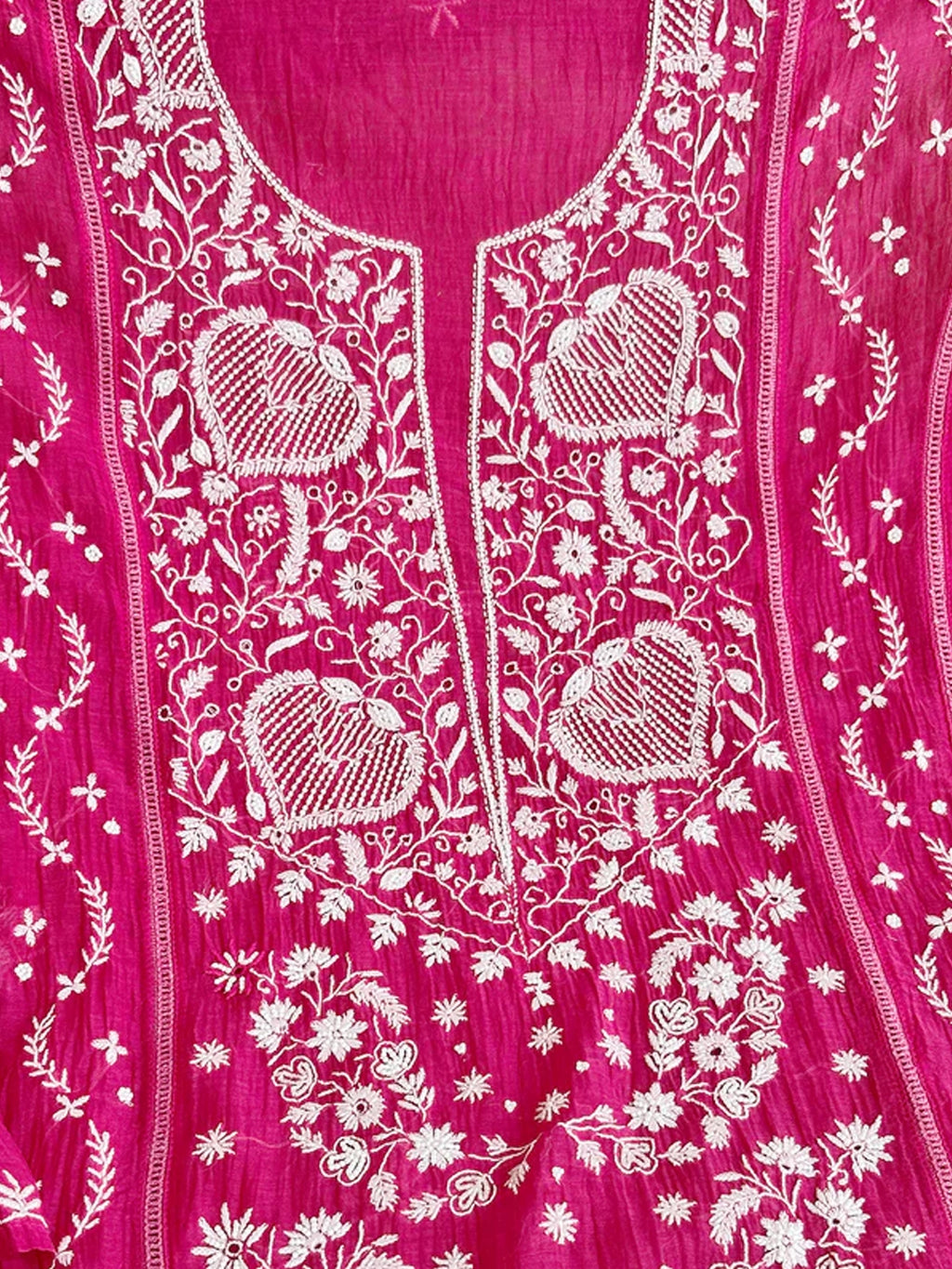 Hot Pink Mul Chanderi Chikankari Un-stitched Kurti Piece with Dupatta