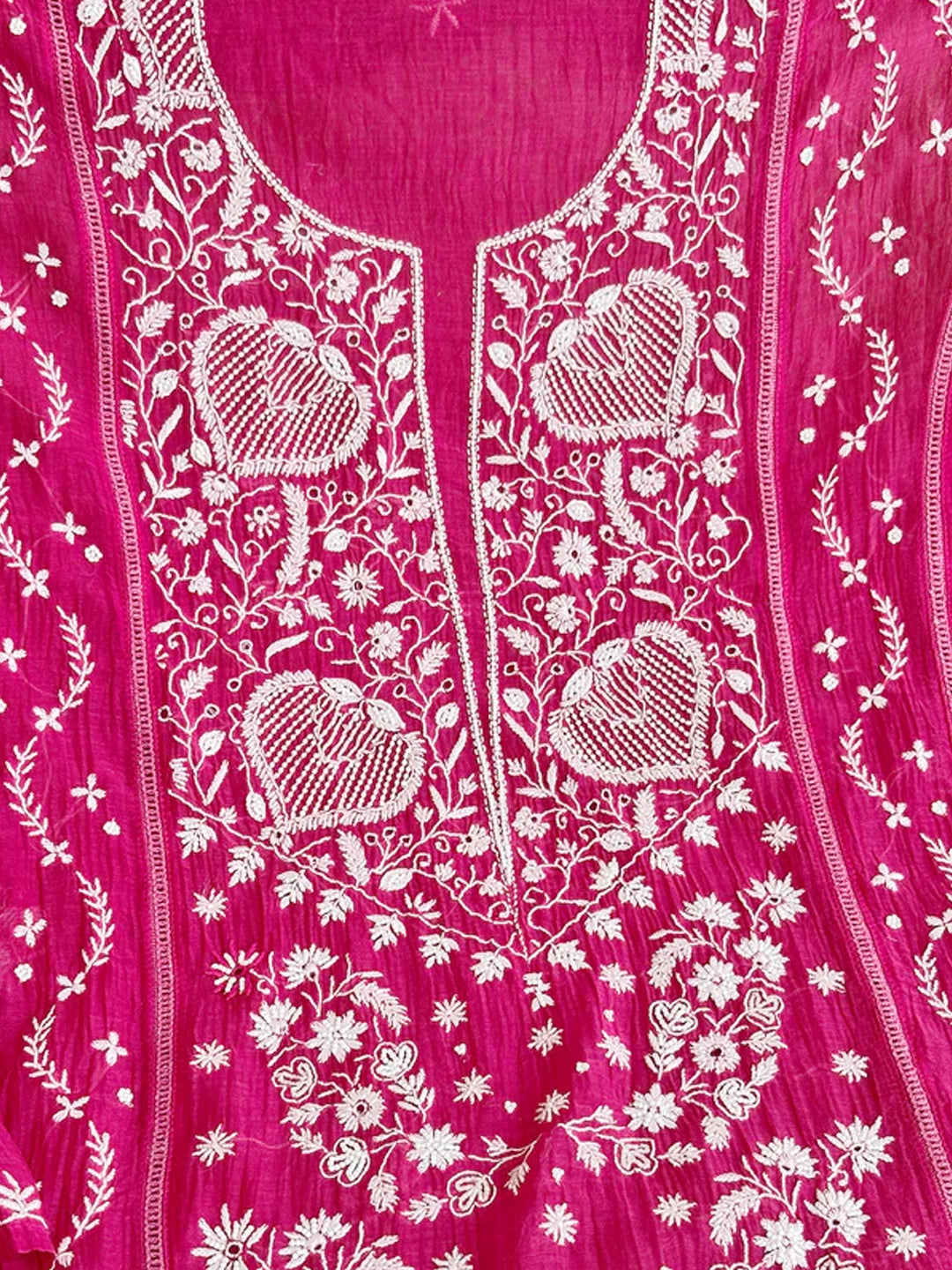 Hot Pink Mul Chanderi Chikankari Un-stitched Kurti Piece with Dupatta