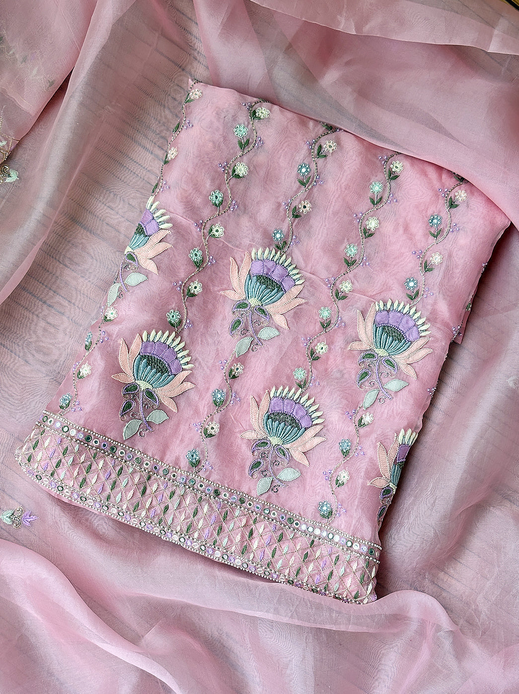 Pink Organza Chikankari Un-Stitched Kurti Piece with Dupatta