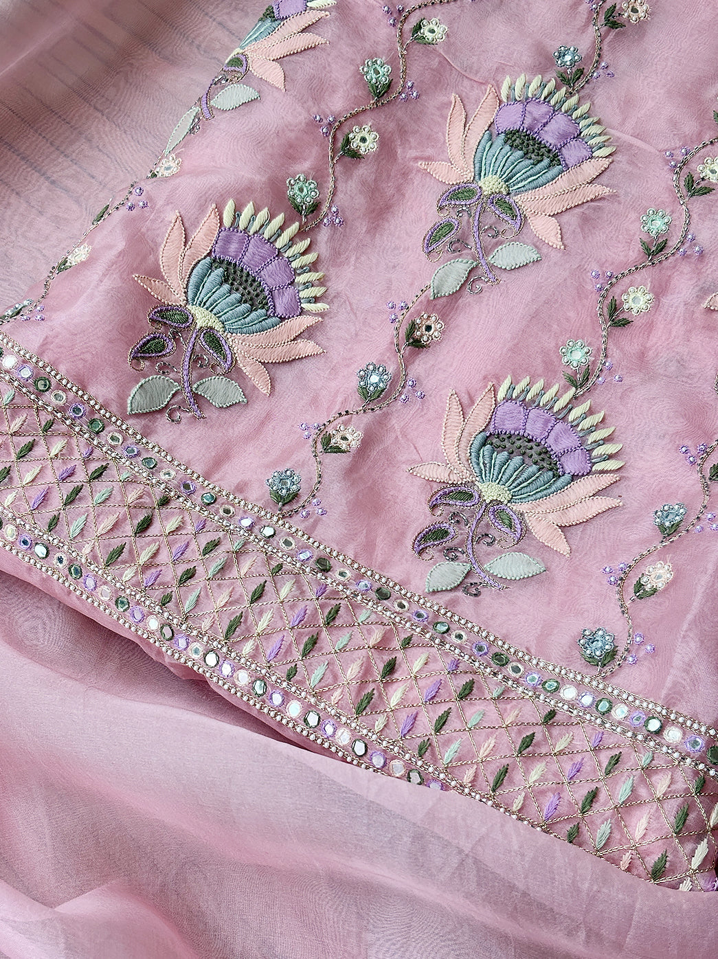 Pink Organza Chikankari Un-Stitched Kurti Piece with Dupatta