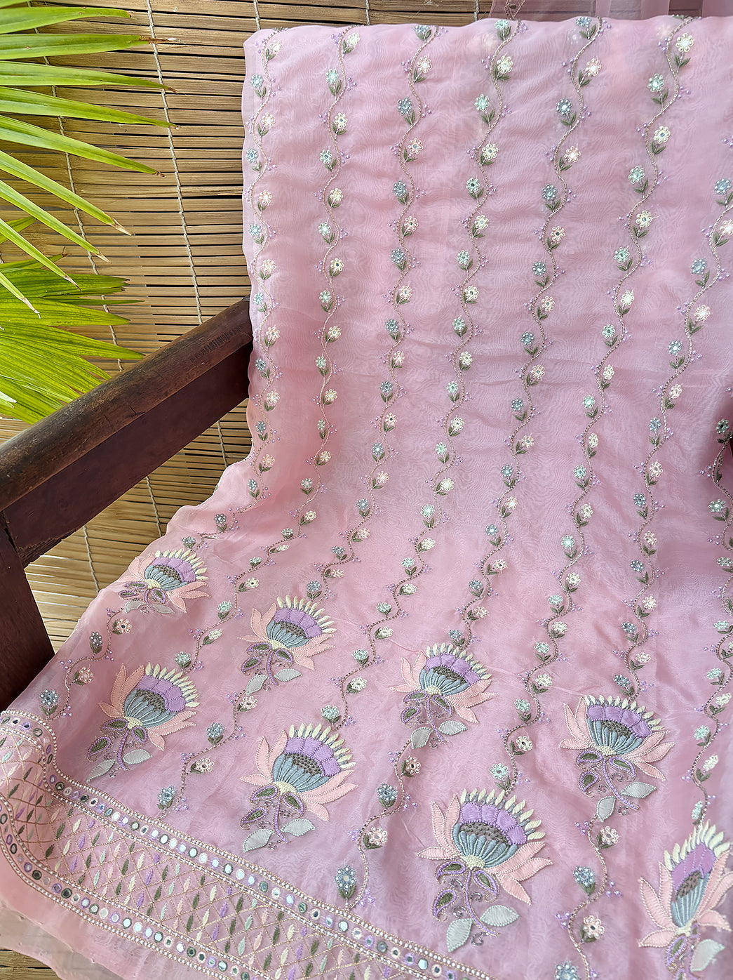 Pink Organza Chikankari Un-Stitched Kurti Piece with Dupatta