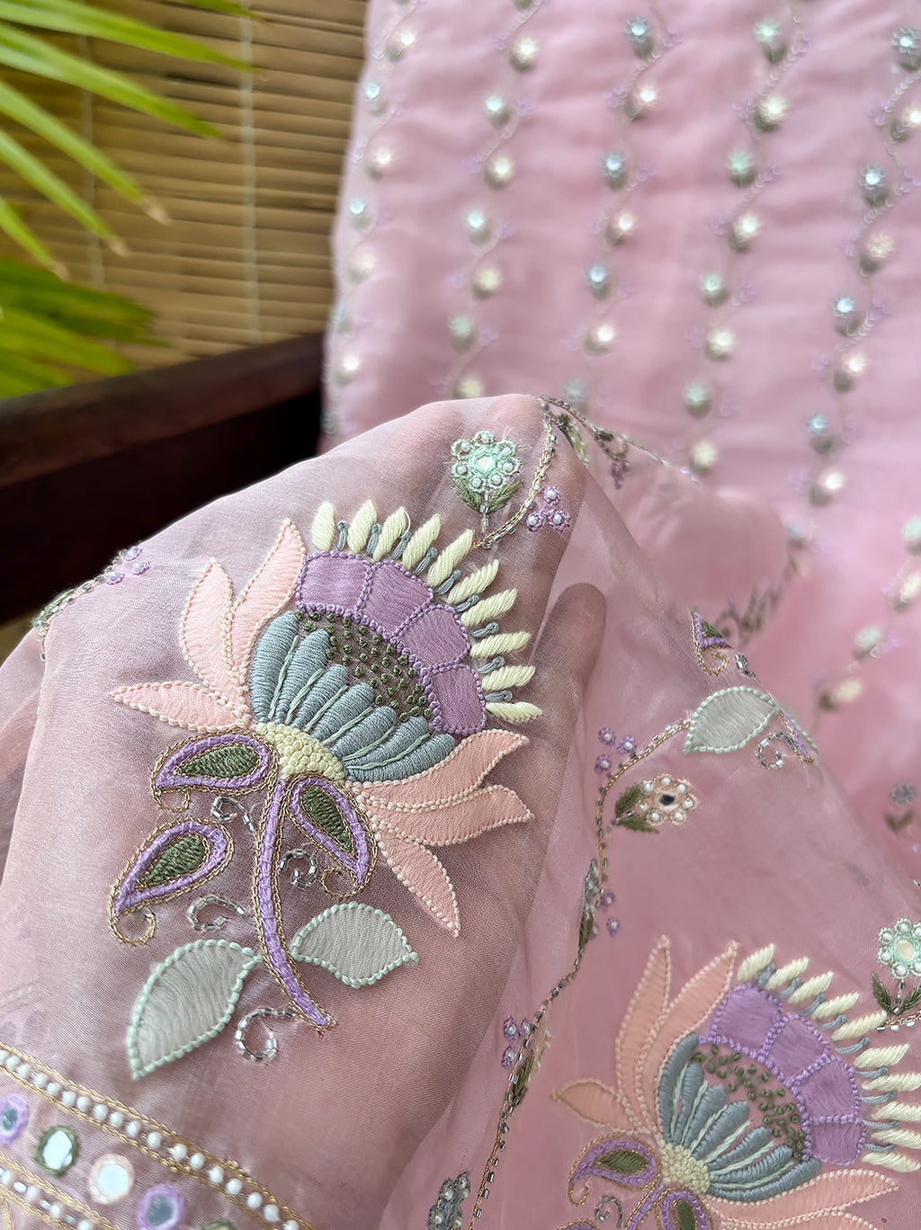 Pink Organza Chikankari Un-Stitched Kurti Piece with Dupatta