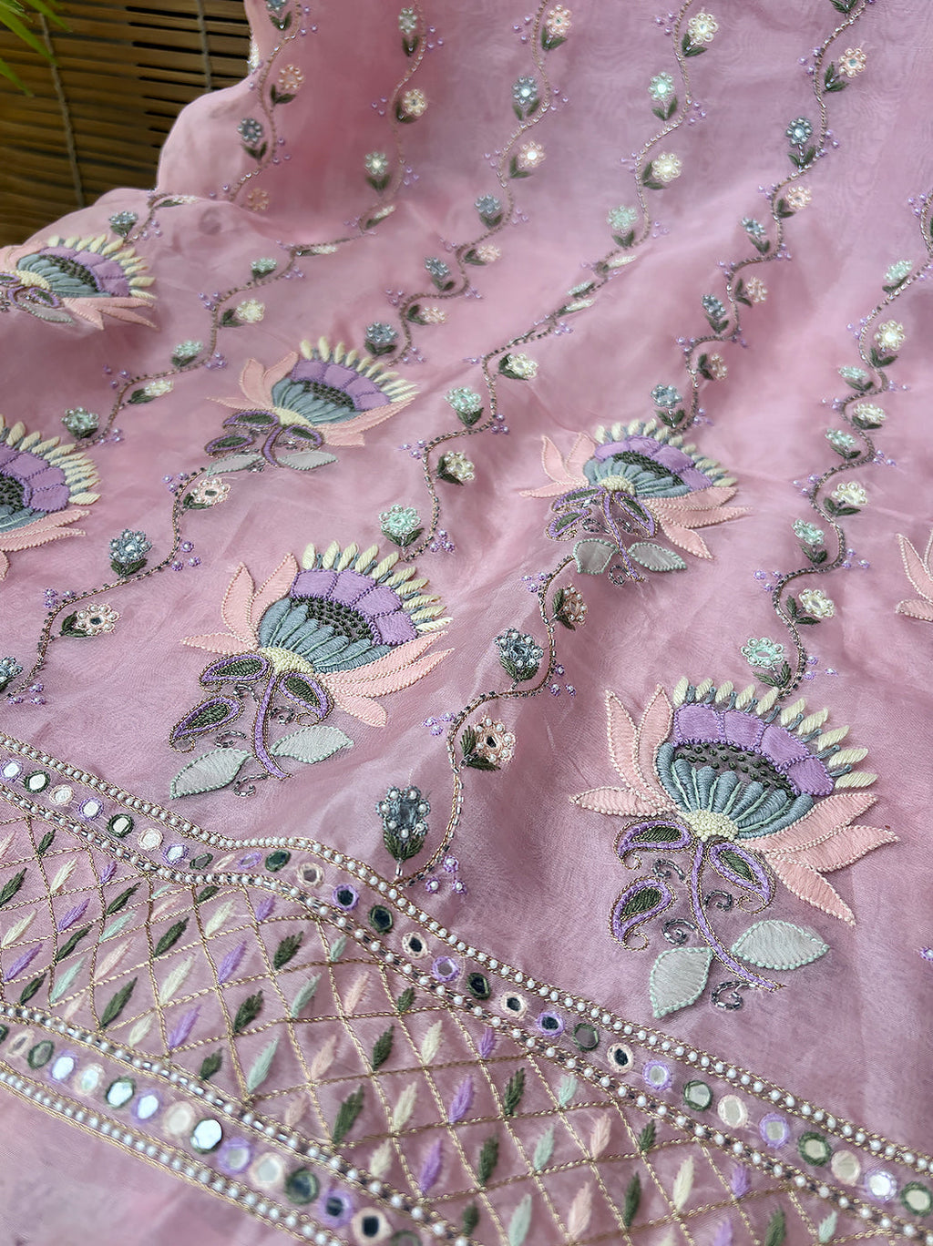 Pink Organza Chikankari Un-Stitched Kurti Piece with Dupatta