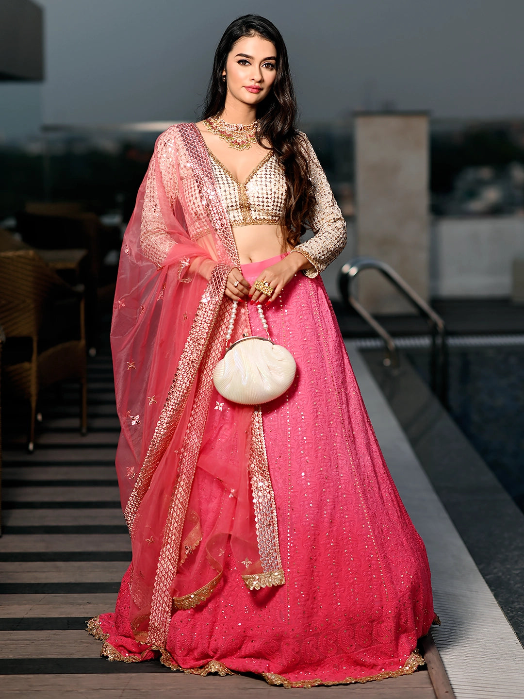 Pink Viscose Chikankari Embroidered Lehenga Set
