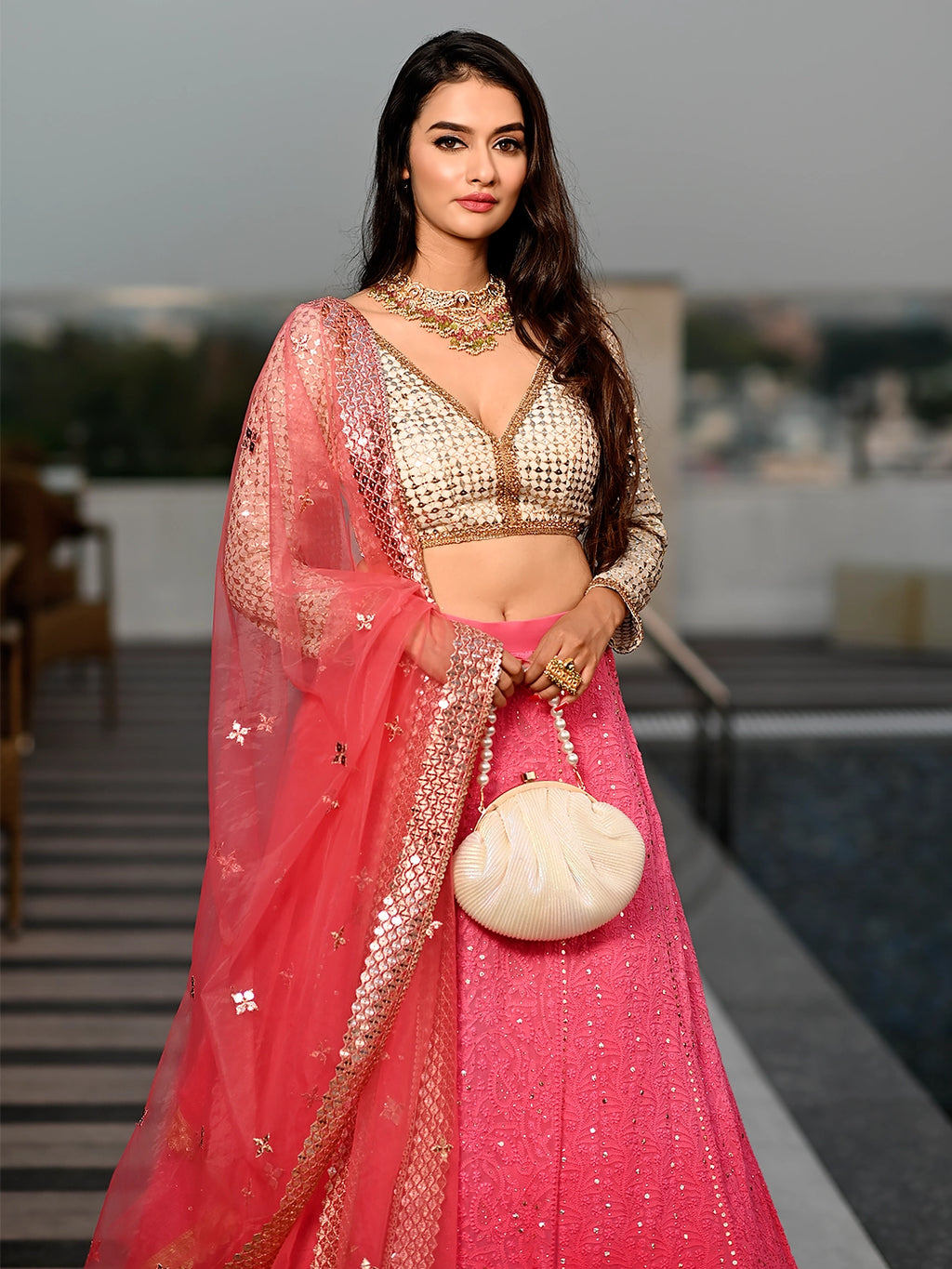 Pink Viscose Chikankari Embroidered Lehenga Set