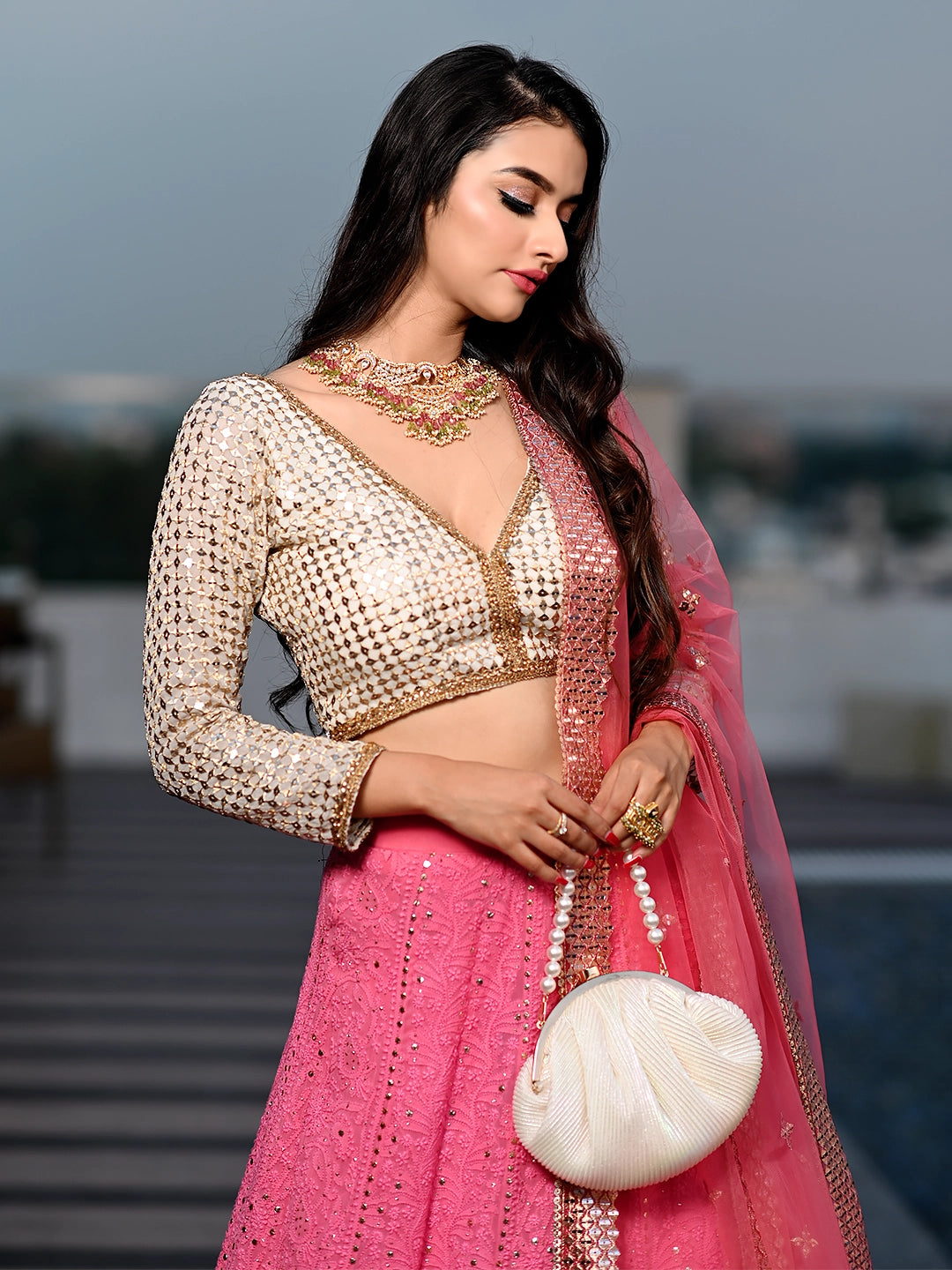 Pink Viscose Chikankari Embroidered Lehenga Set