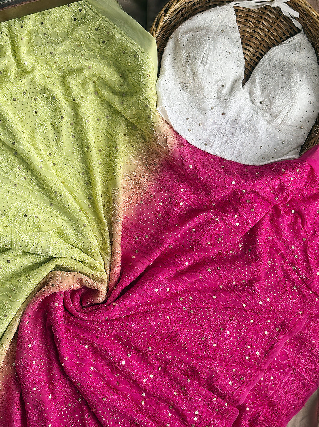 Pink and Green Rashi Viscose Chikankari Embroidered Saree