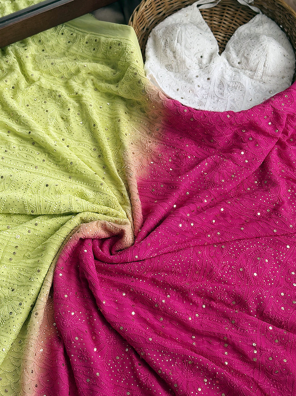 Pink and Green Rashi Viscose Chikankari Embroidered Saree