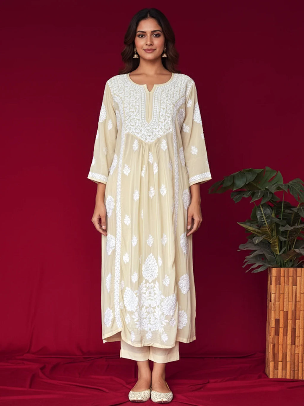 Pista Green Crepe Chikankari Straight Kurta