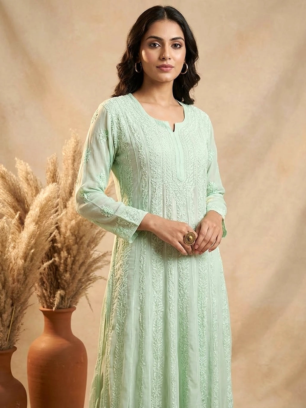 Hana Chikankari Anarkali - Pista Green