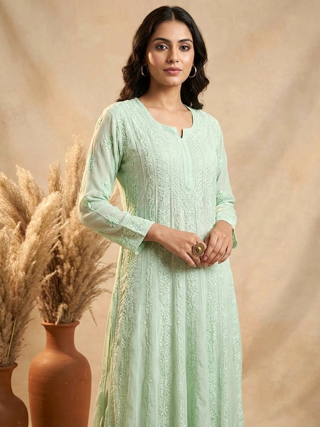 Hana Chikankari Anarkali - Pista Green