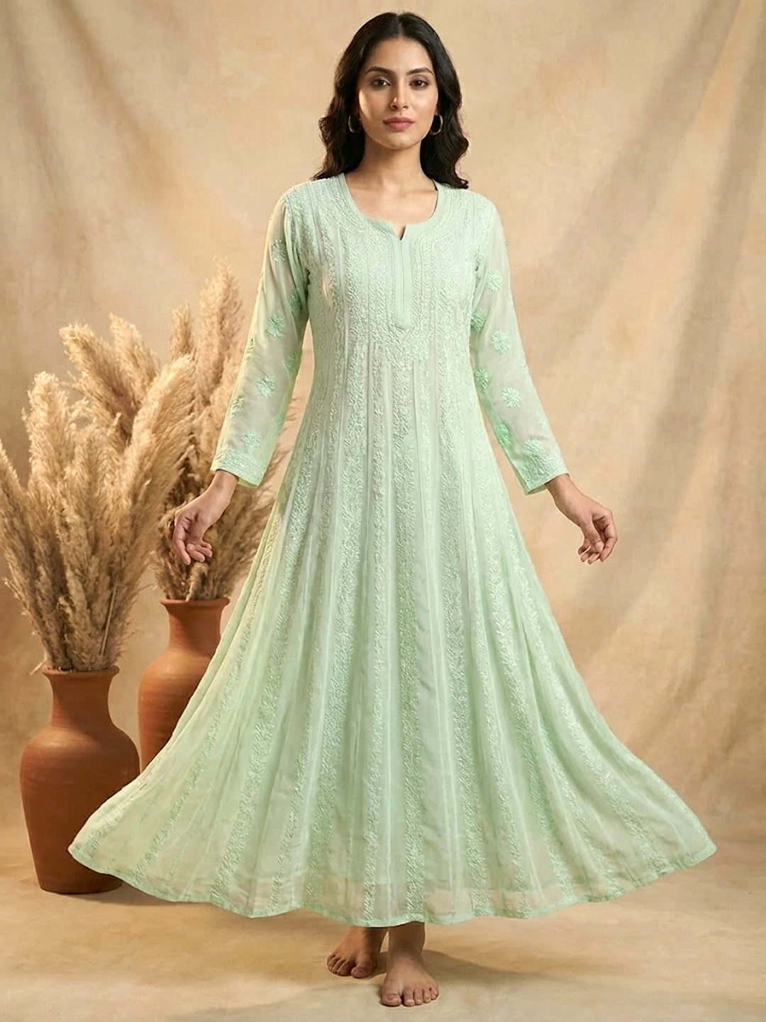 Hana Viscose Chikankari Anarkali - Pista Green