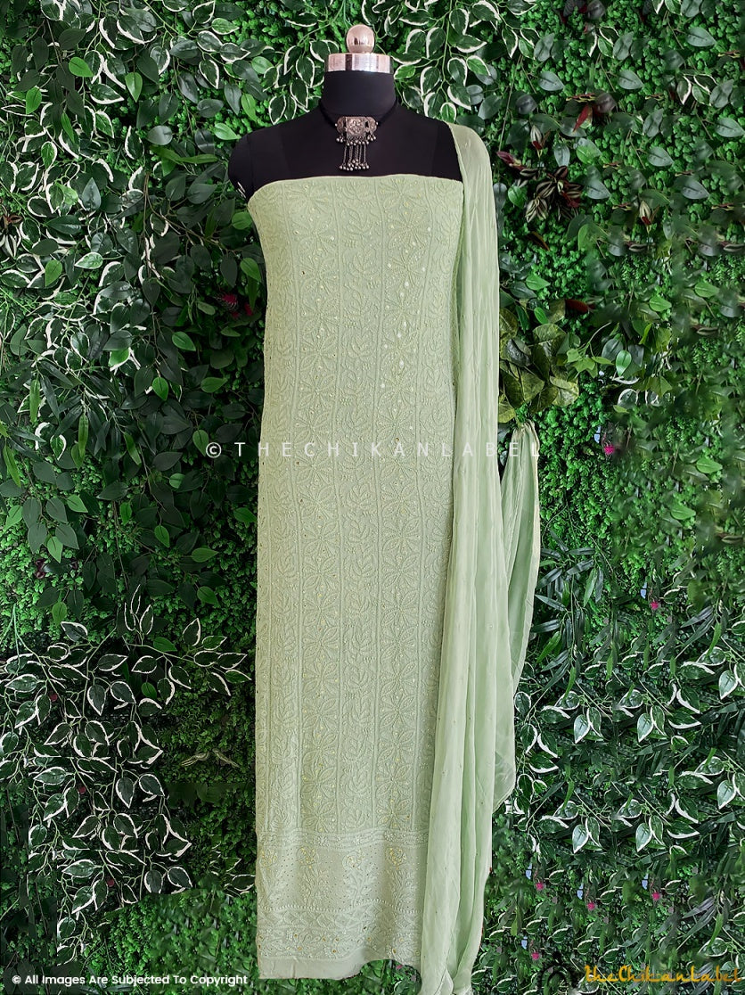 Lucknowi chikankari viscose kurti piece with dupatta offering floral embroidery and artisan finish