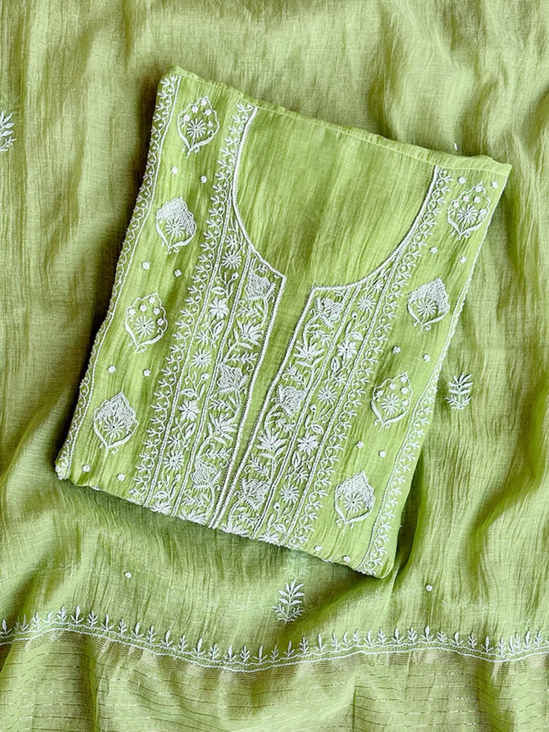 Pista Green Mul Chanderi Chikankari Un-stitched Kurti Piece with Dupatta