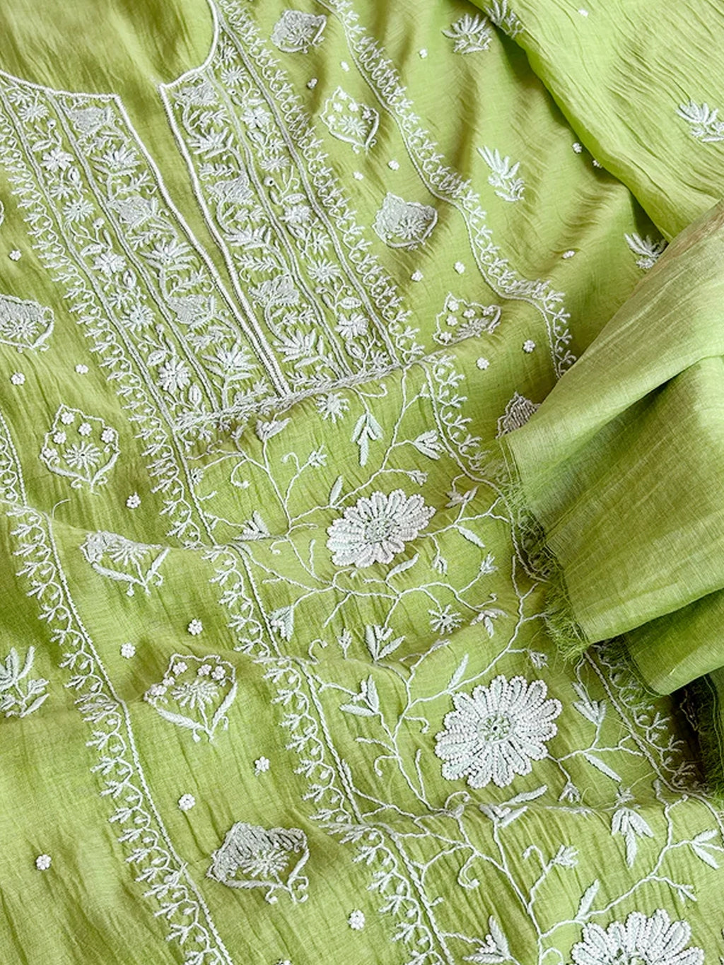 Pista Green Mul Chanderi Chikankari Un-stitched Kurti Piece with Dupatta