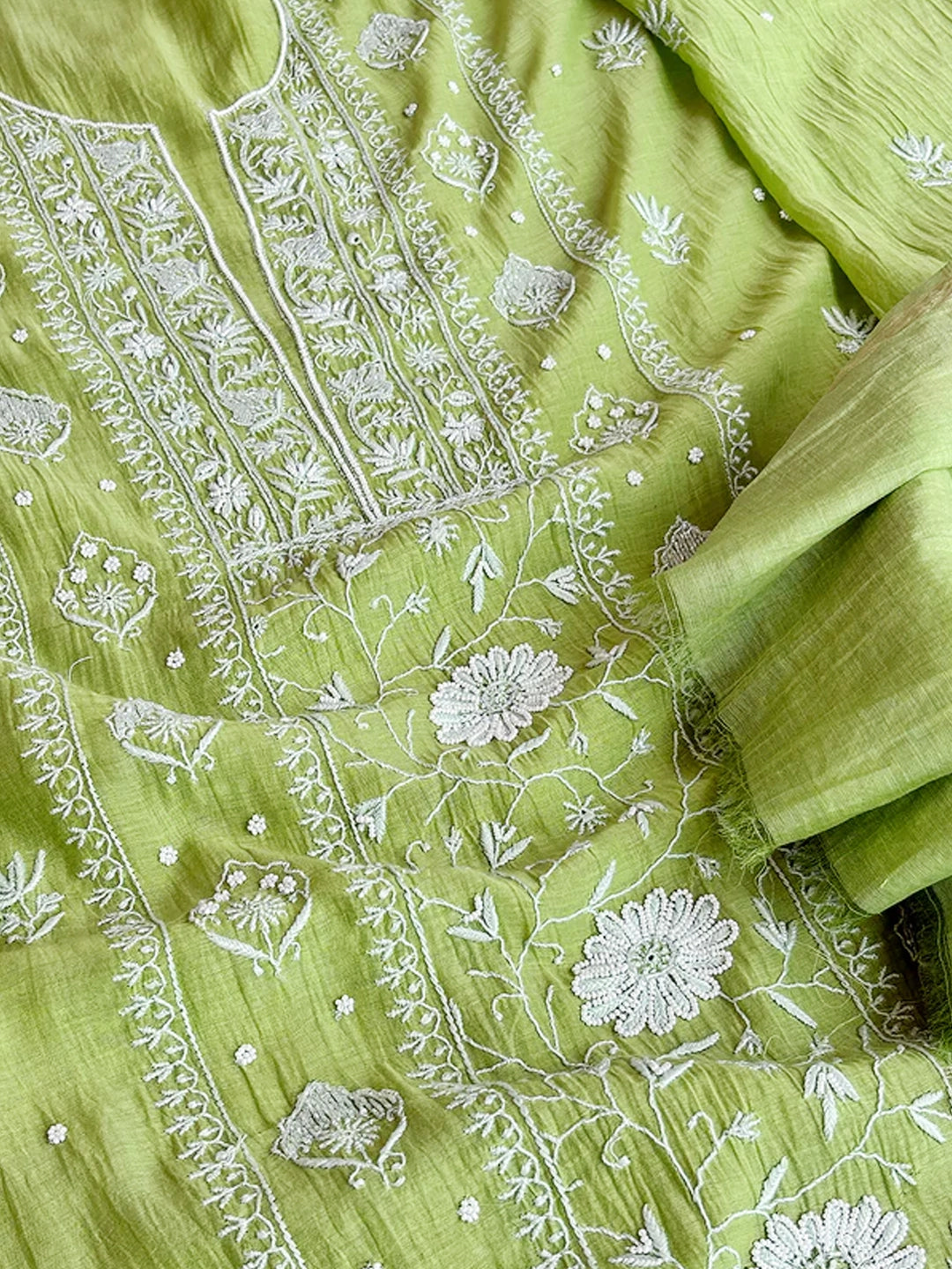 Pista Green Mul Chanderi Chikankari Un-stitched Kurti Piece with Dupatta