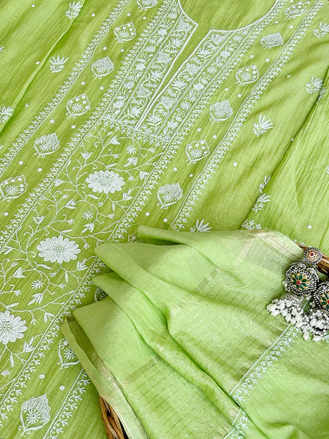 Pista Green Mul Chanderi Chikankari Un-stitched Kurti Piece with Dupatta