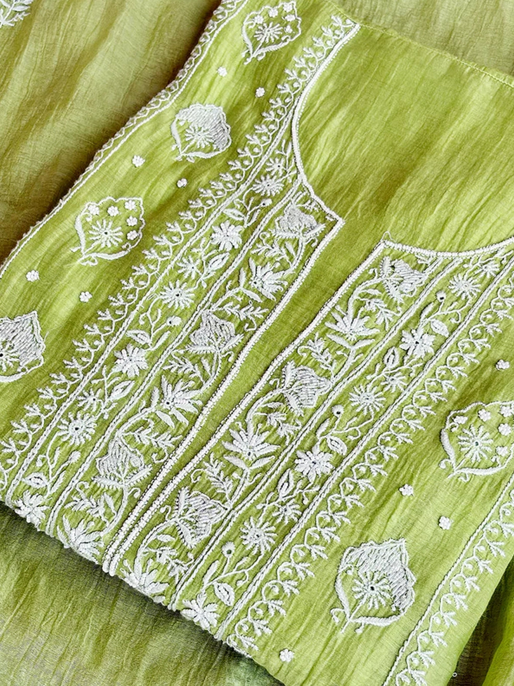 Pista Green Mul Chanderi Chikankari Un-stitched Kurti Piece with Dupatta