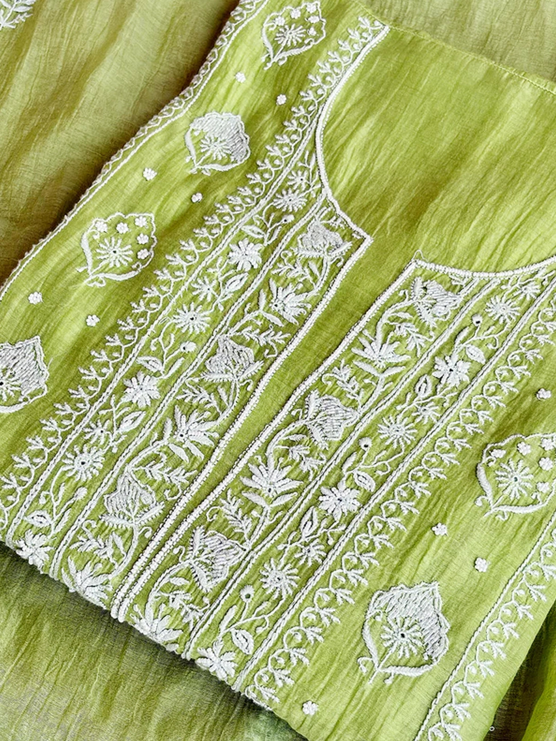 Pista Green Mul Chanderi Chikankari Un-stitched Kurti Piece with Dupatta