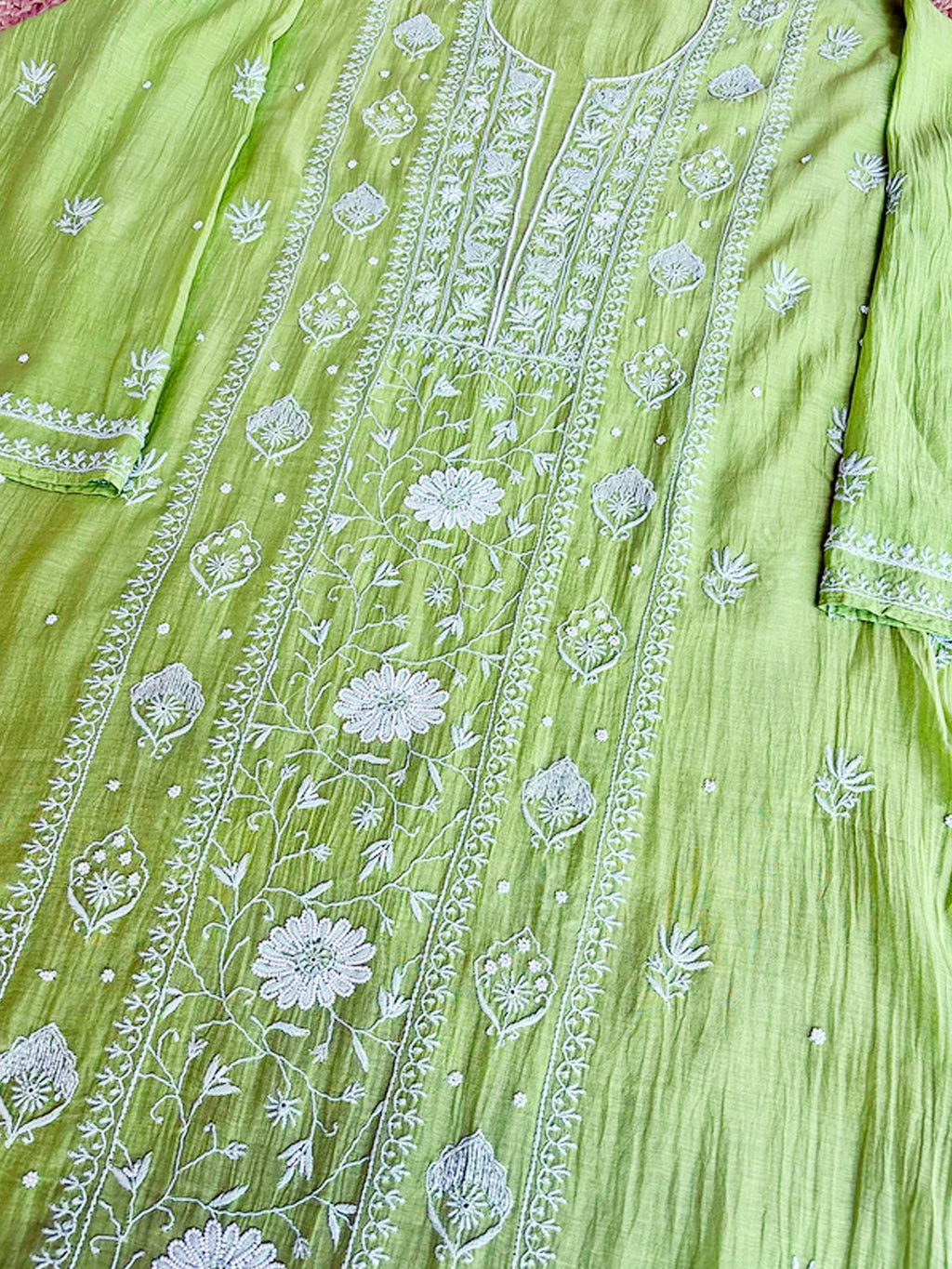 Pista Green Mul Chanderi Chikankari Un-stitched Kurti Piece with Dupatta